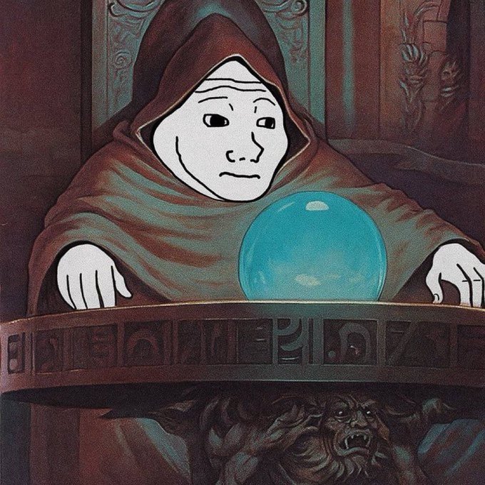 The image features a cartoonish depiction of a man wearing a robe with a hood sitting at a table holding a blue ball above his head, as if he's about to predict something or perform a ritual. The caption below the image reads "fulfill the prophecy anons, billions await @WOJAKCTO $WOJAK". This post seems to be related to a fantasy world where people can predict events and fulfill prophecies by using a crystal ball.