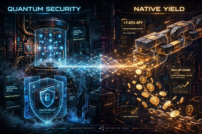 A futuristic tech graphic split into "QUANTUM SECURITY" (showing a crypto wallet and encryption shield) and "NATIVE YIELD" (showing "+7.42% APY" and "ROLLUP CHAIN" with gold coins and chains).