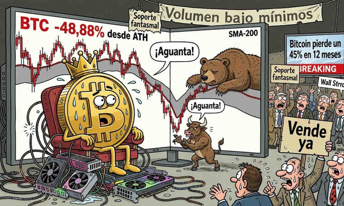 This satirical cartoon illustrates Bitcoin's market volatility, depicting a sweating Bitcoin character losing value ("BTC -48.88% desde ATH") while being squeezed between a "bear" and a "bull" amidst chaotic trading signals. The image visually captures the "technical limbo" mentioned in the post, showing the asset struggling below moving averages and "ghost support" (Soporte fantasmal) despite various market pressures.