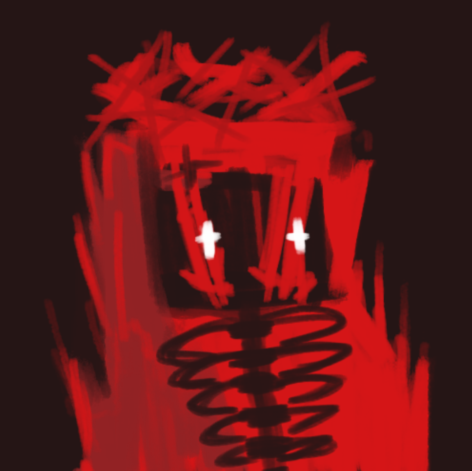 An abstract red and black digital illustration featuring a skeletal or monstrous figure with glowing white cross-shaped eyes emerging from jagged red shapes.