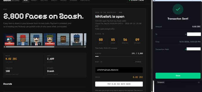 The image shows three screenshots of the Zcash NFT minting platform: the "2,800 Faces on Zcash" mint page displaying pixel art character options for 0.02 ZEC, a "Whitelist is open" page with a countdown timer (00:05:56:09), and a "Transaction Sent!" confirmation screen showing 0.02 ZEC paid on 9/21/2026. The screenshots visually document the successful minting of a Zcash NFT from the "2,800 Faces" collection, directly supporting the post's claim of minting one of the 2,800 pixel art faces as a shielded transaction using the z-address @zaddrnet.