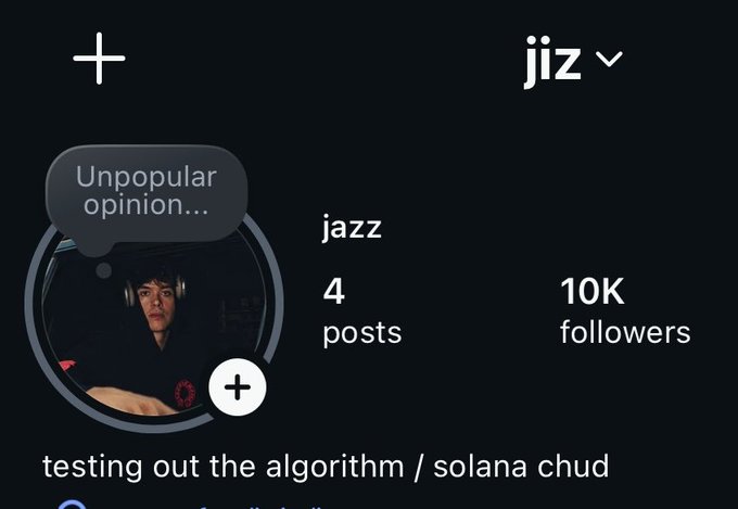 A social media profile page shows a user with the handle "jiz" who has 10K followers, 4 posts, and a bio reading "testing out the algorithm / solana chud," with a speech bubble captioning "Unpopular opinion..." next to their avatar—celebrating reaching the 10K follower milestone referenced in the post.