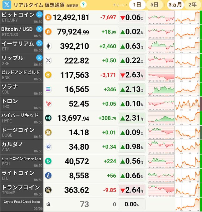 Japanese cryptocurrency price tracker showing real-time values including Bitcoin (BTC/JPY) at 12,492,181 and Bitcoin/USD at 79,924.99, along with Ethereum, Ripple, and other altcoins, with a Crypto Fear & Greed Index of 73.