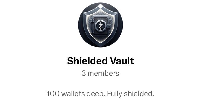 A group called "Shielded Vault" with 3 members displays a shield logo featuring a "Z" symbol, captioned "100 wallets deep. Fully shielded." — tying into the post's reference to 100 seats and the $ZEC ticker, symbolizing deep, multi-layered Zcash (ZEC) shielded pool participation.