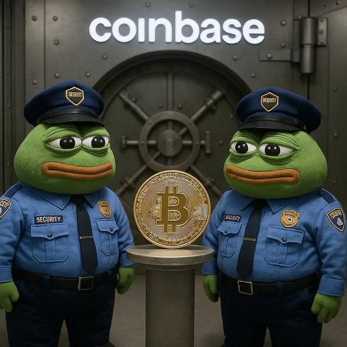 A digital illustration of two Pepe the Frog characters dressed as security guards flanking a Bitcoin coin on a pedestal, with 'coinbase' displayed above them and a vault door in the background.