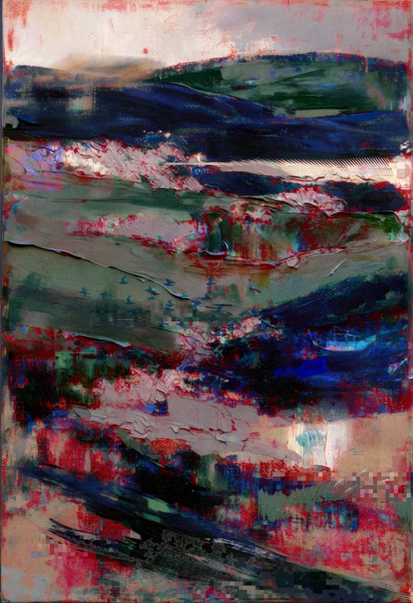 Abstract expressionist painting with horizontal brushstrokes in deep blues, greens, pinks, and blacks with textured impasto details.