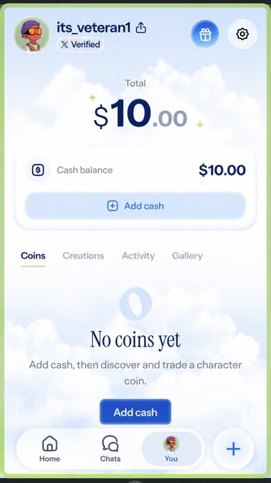 A mobile app screen for user 'its_veteran1' showing a verified account with a $10.00 cash balance and 'No coins yet' message, with options for Coins, Creations, Activity, and Gallery.
