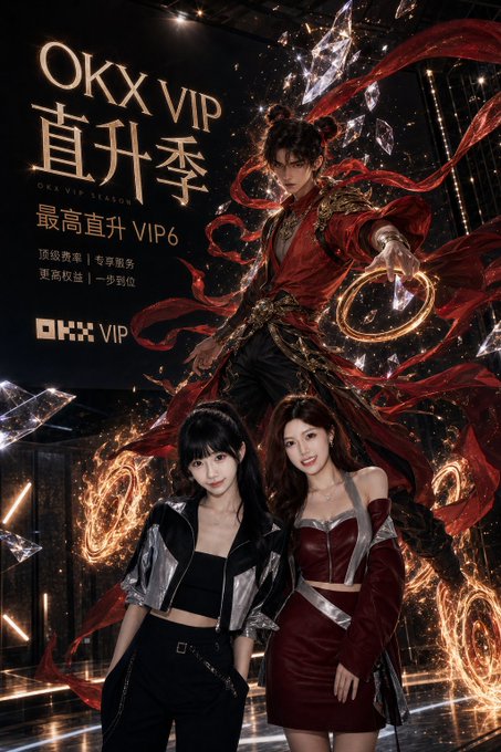 An OKX VIP promotional poster featuring a central fantasy character in red robes and two women in modern outfits at the bottom. Text includes 'OKX VIP', Chinese characters, and 'OKX VIP SEASON'.
