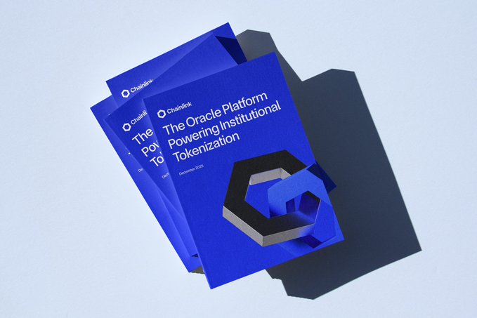 A mockup of blue booklets titled 'The Oracle Platform: Powering Institutional Tokenization' from Chainlink, featuring a 3D hexagonal logo, dated December 2025.