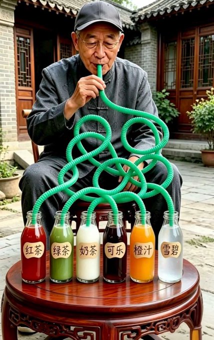An elderly Chinese man sits in a courtyard drinking from a long green tube connected to six bottles of different beverages labeled 红茶, 绿茶, 奶茶, 可乐, 橙汁, and 雪碧.