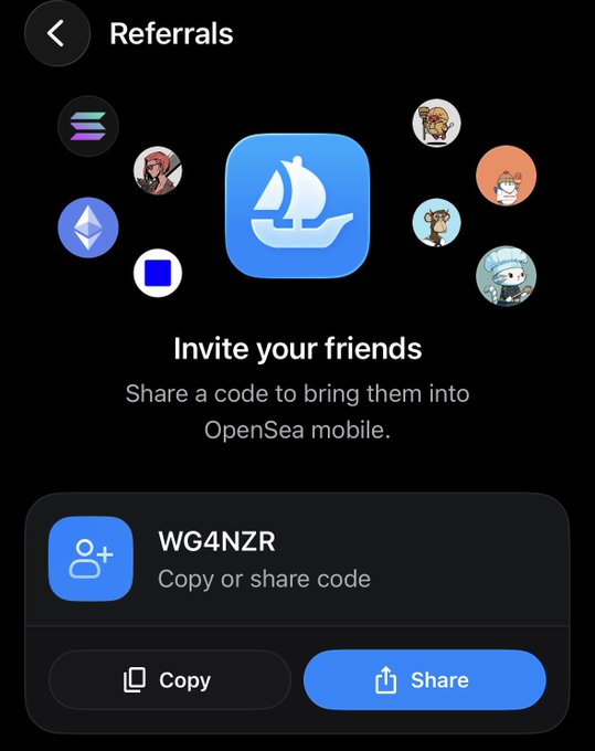 A mobile app screen for 'Referrals' featuring the OpenSea logo, asking the user to 'Invite your friends' with a referral code 'WG4NZR' to be copied or shared.