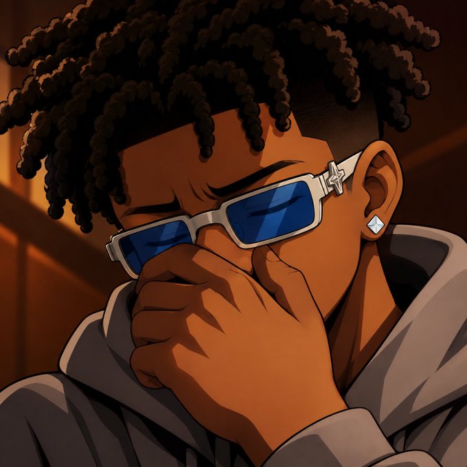 An anime-style illustration of a young person with curly dark hair, wearing sunglasses with a silver logo and a diamond earring, covering their mouth with their hand.