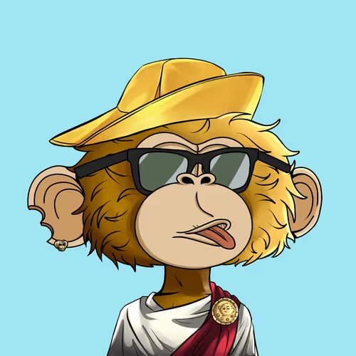 An NFT-style illustration of a cartoon monkey wearing a yellow cowboy hat, black sunglasses, and a white toga with a gold medallion, set against a light blue background.