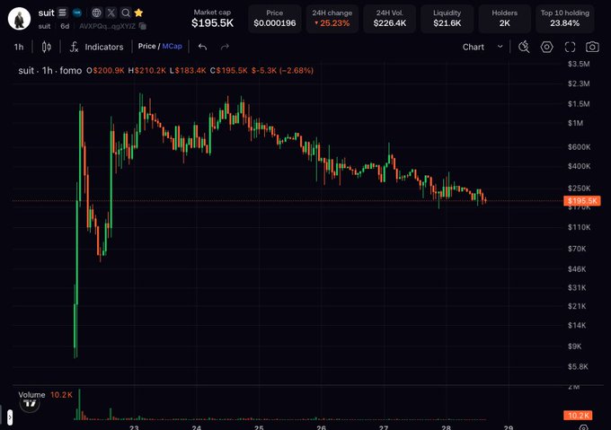 A trading chart for the token 'suit' showing a market cap of $195.5K, price of $0.000196, a 24H change of -25.23%, and a 1-hour candlestick view in red and green.
