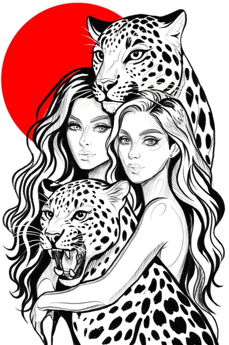 A black and white line drawing featuring two women with long flowing hair intertwined with two leopards, set against a red circle on a white background.