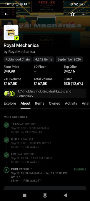 Mobile screenshot of an NFT collection page for 'Royal Mechanica' showing 4,242 items on Robinhood Chain, with Floor Price $49.98, Top Offer $42.16, and various mint schedule phases.