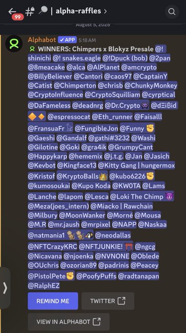A Discord screenshot from the #alpha-raffles channel showing an 'Alphabot' message listing winners of a 'Chimpers x Blokyz Presale' raffle, tagged with numerous usernames.