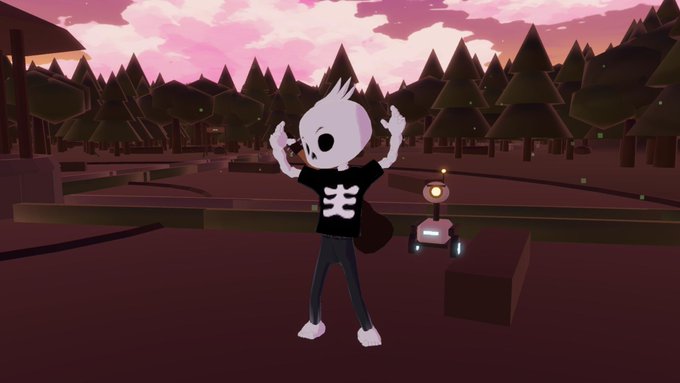 A 3D animated character with a white skull head and black shirt standing in a low-poly forest environment under a pink sky, next to a small floating drone.