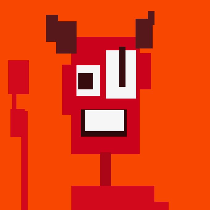 A pixel art image depicting a red devil or demon character with horns, one black square eye, and a large rectangular mouth on an orange background.