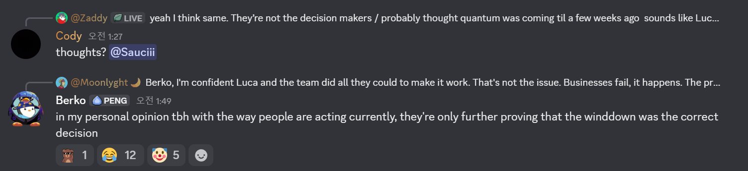 A Discord chat thread discussing business decisions, with messages from users @Moonlyght, @Zaddy, Cody (@Sauciii), and Berko (PENG), featuring reaction emojis including 12 laughing faces and 5 clown faces.
