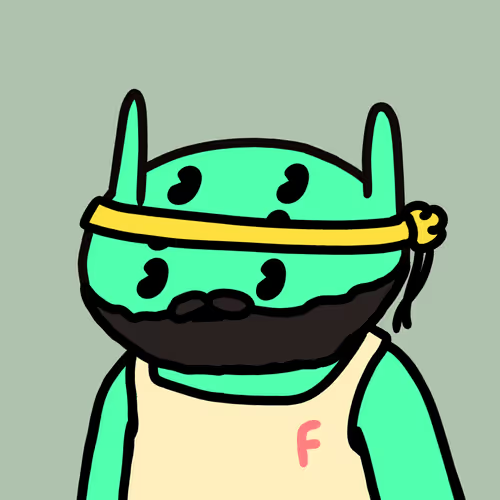 A cartoon green monster character with a mustache, yellow headband, and cream-colored shirt featuring a pink "F" logo, visually referencing NFTs through its quirky, collectible-style design. The simple, meme-like artwork complements the post's playful confession about appreciating NFTs.