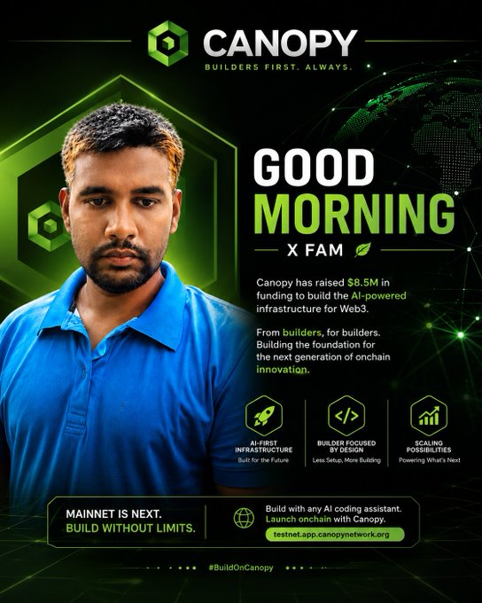 A man in a blue shirt stands beside the Canopy Network (CNPY) promotional graphic announcing their $8.5M funding raise for AI-powered Web3 infrastructure, featuring the tagline "Builders First. Always." and highlights of AI-first infrastructure, builder-focused design, and scaling possibilities. The image visually reinforces the post's celebration of Canopy's funding milestone and its mission to support AI-driven blockchain development.