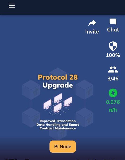 A mobile app screen showing 'Protocol 28 Upgrade' with information about 'Improved Transaction Data Handling and Smart Contract Maintenance' and a 'Pi Node' button.