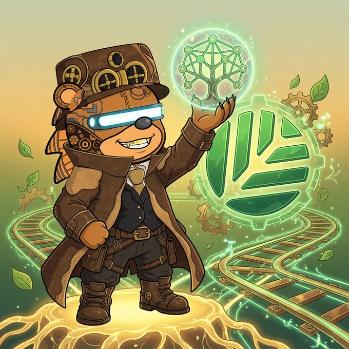 A digital illustration of a steampunk-themed anthropomorphic bear character wearing a top hat and goggles, holding a glowing green geometric symbol above a circular green logo with mechanical gears and leaves.