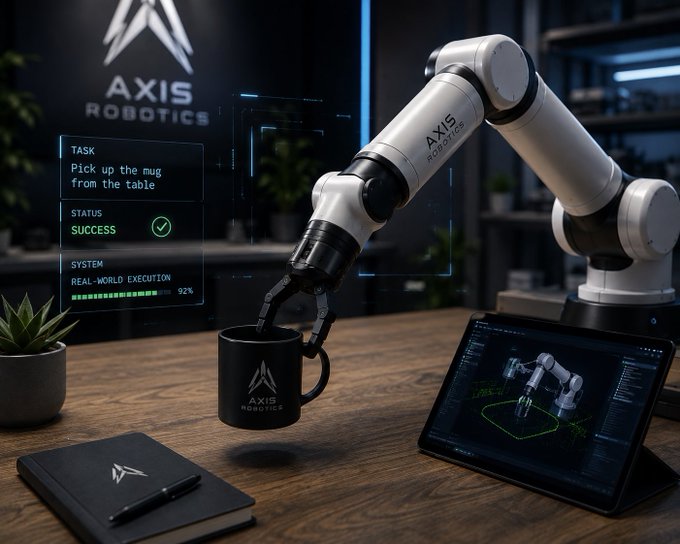 An Axis Robotics robotic arm picks up a black mug from a wooden desk, with a holographic display showing task completion status (TASK: Pick up the mug from the table, STATUS: SUCCESS, REAL-WORLD EXECUTION: 92%).
