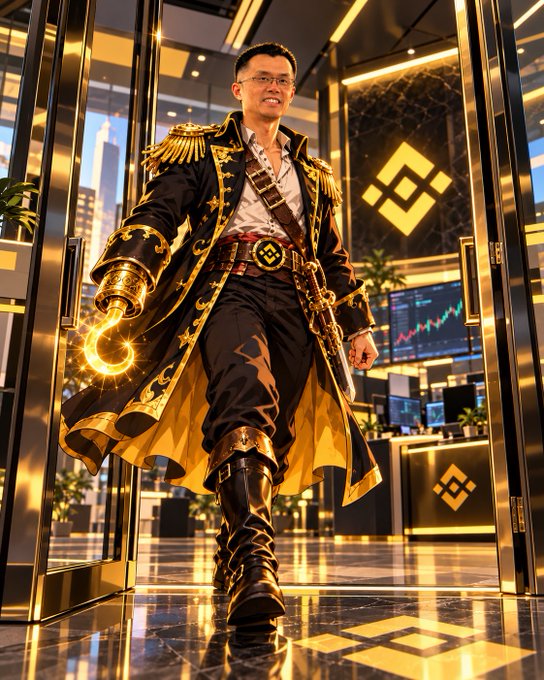 An AI-generated image of a man dressed as a pirate captain in a black and gold coat with a glowing hook hand, standing in what appears to be a Binance office with the Binance logo visible.