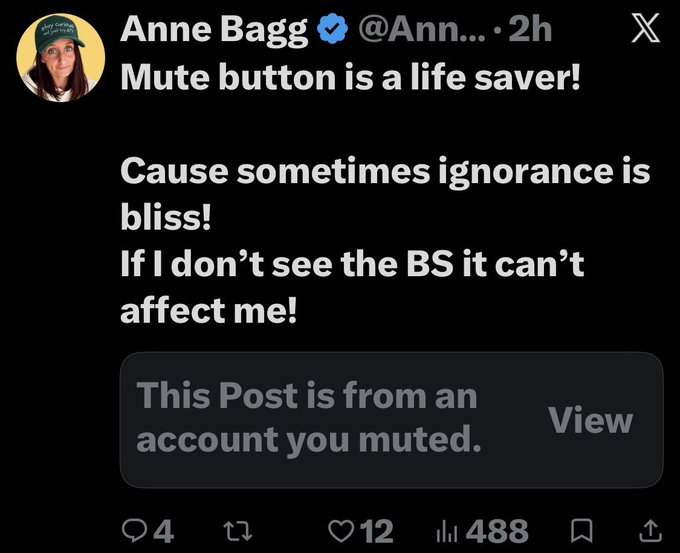 An X (Twitter) post by 'Anne Bagg' (@Ann...·2h) stating 'Mute button is a life saver! Cause sometimes ignorance is bliss! If I don't see the BS it can't affect me!', with a notice that the post is from a muted account.