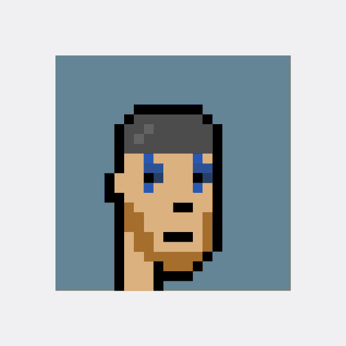 A low-resolution pixel art portrait of a person with short dark hair, blue eyes, and a beard against a blue background.