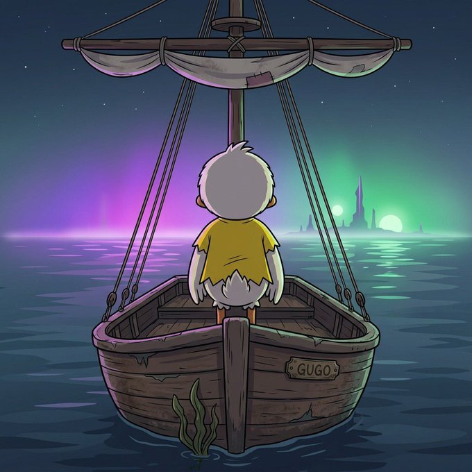 An animated illustration of a character in a yellow shirt standing on a small boat labeled 'GUGO,' looking out at a fantasy seascape illuminated by purple and green auroras.