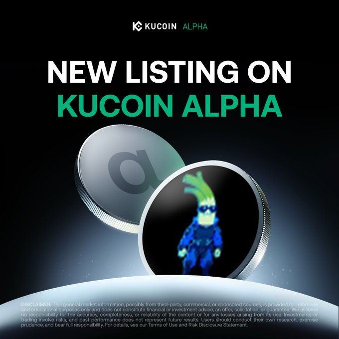 A KuCoin Alpha promotional graphic announces a new listing with bold "NEW LISTING ON KUCOIN ALPHA" text, featuring two 3D-rendered coins—one silver with an alpha symbol and another displaying a blue alien mascot—against a dark background, promoting the $CYBERLEEK token trading on the Solana network.