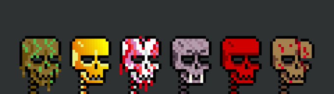 Six pixel-art skulls in different colors (brown/orange, yellow, blood-splattered, purple, red, beige) lined up on a dark background.
