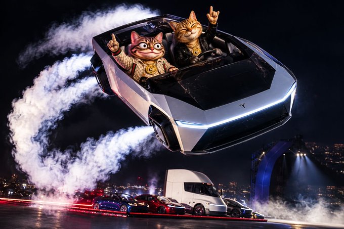 A digital illustration of two anthropomorphic cats wearing gold chains riding a flying Tesla Cybertruck above city traffic at night.