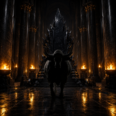 A lone, dark figure wearing a horned helmet stands before a towering, jagged throne in a dimly lit, fire-lit hall, embodying the imposing legacy referenced in the post.