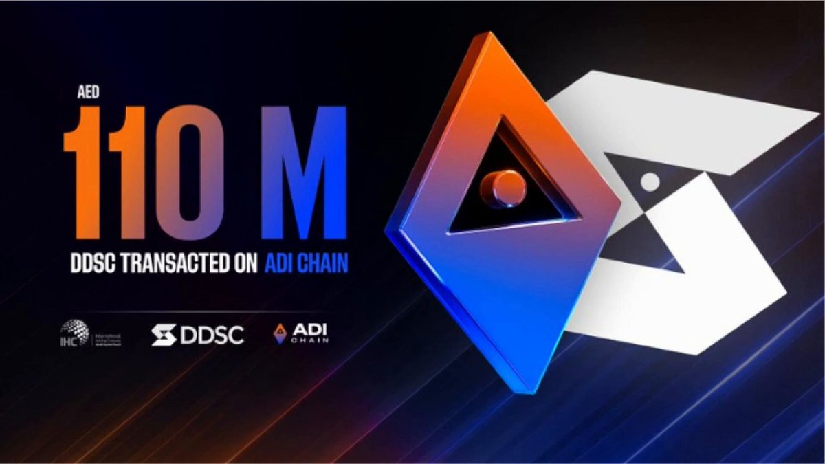 The image features an advertisement for @ADI Chain, which has achieved a milestone of 110 million dollars in transactions. The text "A new milestone has been announced by ADI Chain" indicates that this achievement was made possible through the use of @ADI chain's onchain finance system. The background is dark blue with white lines and shapes, creating an interesting visual effect. The image also includes a logo for @ADI Chain and some text about the company's goals in the MENA region.