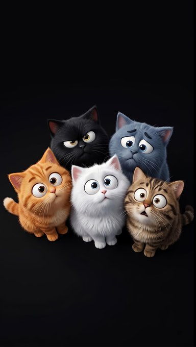 Five cute cartoon cats with large expressive eyes—a grumpy black cat, a worried blue-gray cat, an orange tabby, a fluffy white cat, and a surprised tabby—are clustered together against a dark background.