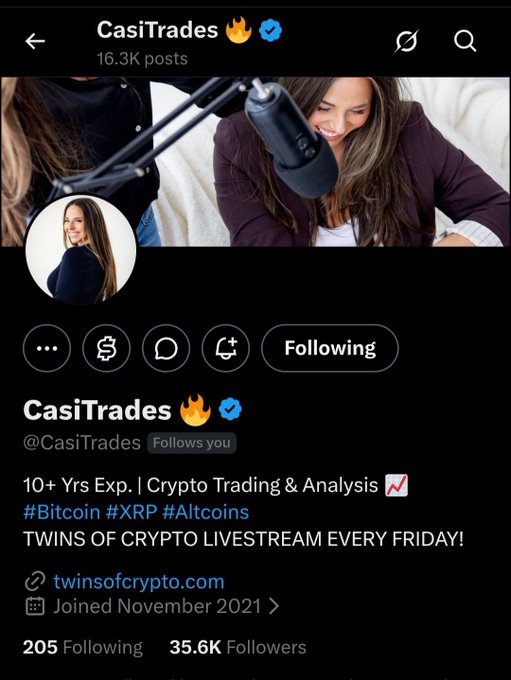 The image shows the Twitter/X profile of CasiTrades (@CasiTrades), a verified crypto trading account with 35.6K followers and 16.3K posts, featuring a banner of two women with a microphone and her bio highlighting "10+ Yrs Exp. | Crypto Trading & Analysis" focused on #Bitcoin #XRP #Altcoins. This visually supports Dr. Nguyen's shoutout to CasiTrades as a respected XRP community member worth following.