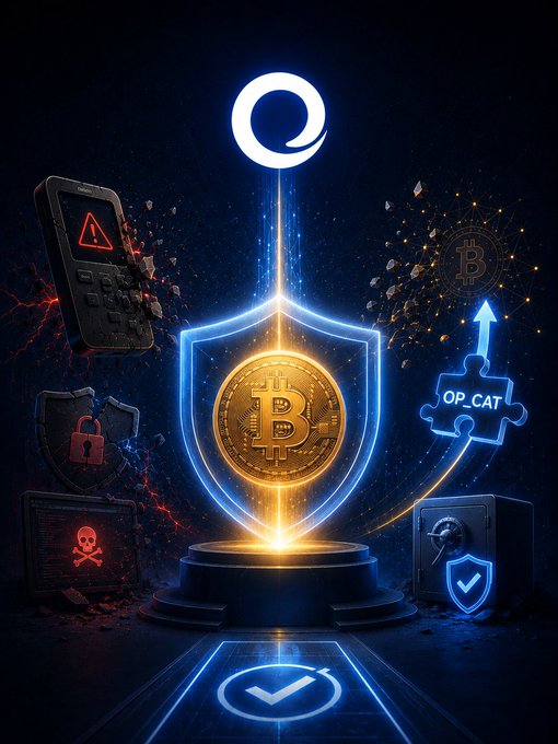 A digital illustration featuring a Bitcoin coin shield on a pedestal, surrounded by security icons including a broken phone padlock, a safe with a checkmark, and puzzle pieces with 'OP_CAT' text, representing crypto security.