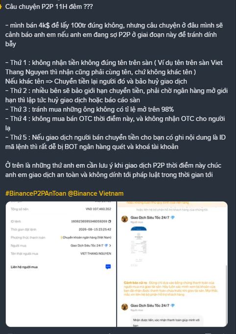 A Vietnamese-language message titled "Câu chuyện P2P 11h đêm ???" discussing P2P trading safety tips, mentioning Binance Vietnam and showing screenshots of Binance P2P transactions.