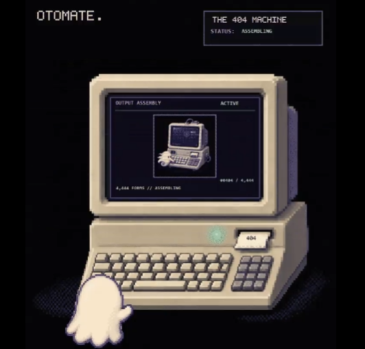 A pixel art style illustration of a vintage beige computer labeled 'THE 404 MACHINE' with a status of 'ASSEMBLING', displaying 'OUTPUT ASSEMBLY ACTIVE' and '4,666 FORMS // ASSEMBLING' on its screen, with a ghostly white hand reaching toward the keyboard.