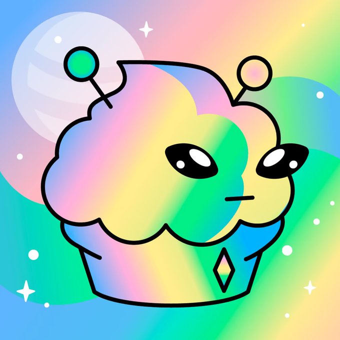 A colorful rainbow-themed cartoon illustration of an alien cupcake with antennae and large black eyes against a pastel cosmic background.
