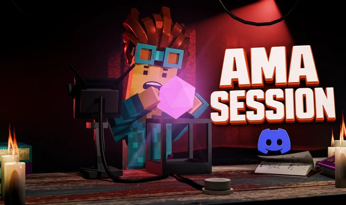 A 3D-rendered graphic with 'AMA SESSION' text, featuring a Minecraft-style character, a Discord logo, and candles on a desk.