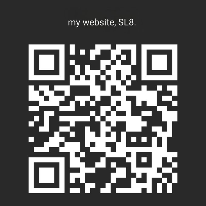 A black square containing a white QR code with the text 'my website, SL8.' displayed at the top.