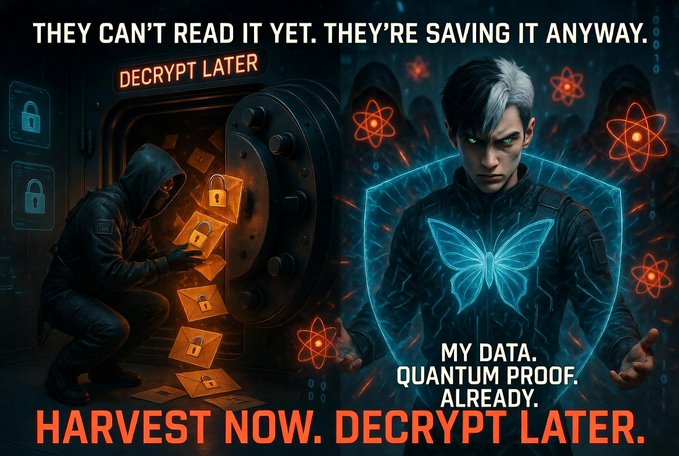 A dark, dramatic digital illustration shows a hooded hacker stuffing glowing locked data files into a vault labeled "DECRYPT LATER," alongside a shield-wielding figure with a glowing blue butterfly emblem and the text "MY DATA. QUANTUM PROOF. ALREADY," reinforcing the "Harvest Now, Decrypt Later" threat and positioning $QUIP as the proactive quantum-resistant solution.