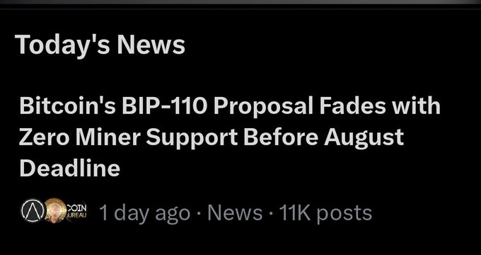 The image shows a news headline from Coin Bureau reading "Bitcoin's BIP-110 Proposal Fades with Zero Miner Support Before August Deadline," which the commenter is disputing as misleading propaganda, arguing that BIP-110 actually has strong support across multiple metrics and warrants a community note correction.