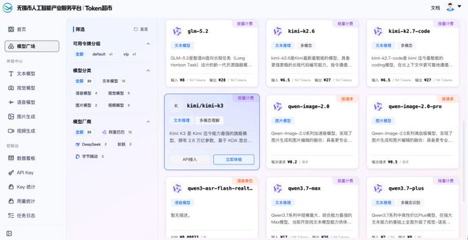 The image shows Wuxi's AI industry service platform's "Token Supermarket" interface, displaying a grid of available AI models including GLM-5.2, Kimi K2.6, Kimi-K2.7-code, Kimi K3, Qwen-Image-2.0, Qwen-Image-2.0-Pro, Qwen3-ASR-Flash-Realtime, Qwen3.7-Max, and Qwen3.7-Plus, with filtering options for model type and supplier on the left sidebar. This one-stop marketplace allows local businesses like Service's Li Tao to easily browse, compare, and access various AI models and their associated token packages for their computing needs.