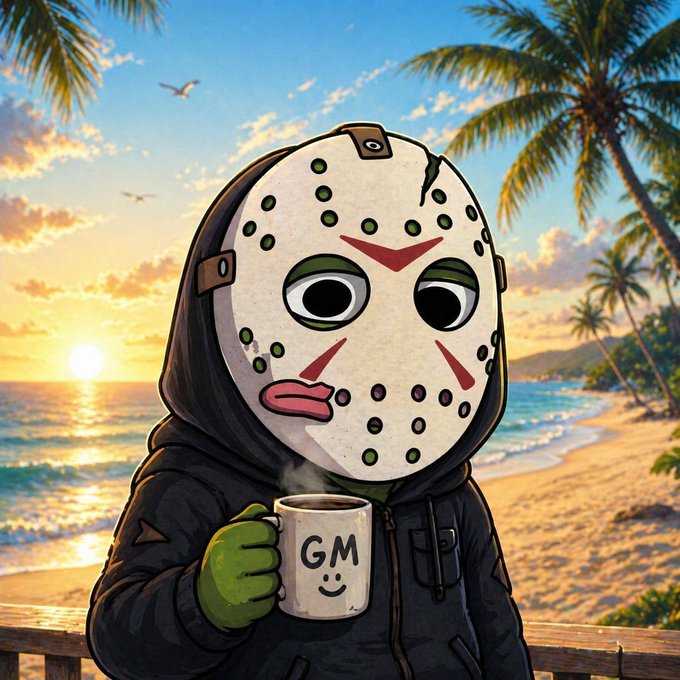 The image features a cartoon character wearing a white mask with green eyes, standing on a beach holding a coffee cup. The caption "gm happy sunday" is written below the image. This suggests that the character might be enjoying their time at the beach while sipping on some coffee and smiling for the camera.